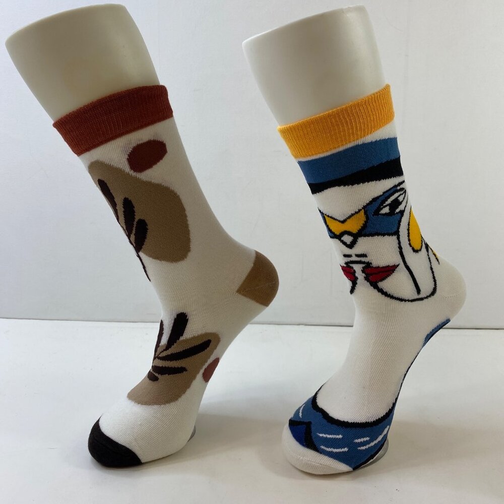 Womens Crew Socks Set 2 Abstract Art Leaf Pattern White Brown Blue Yellow Black